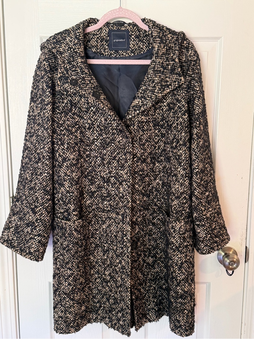 Black and Cream Hooded Tweed Pea Coat